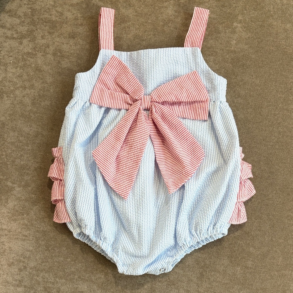 Seersucker Blue and Red Baby Romper with Bow and ruffle bottom